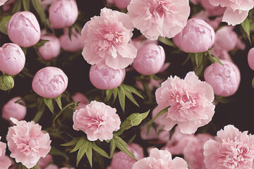 Seamless pattern. Beautiful pink peonies. Repeatable background, wallpaper, backdrop. 3d illustration.