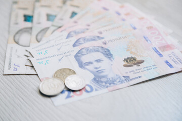 Money of Ukraine. Banknotes of 200 and 500 hryvnia lie together. Monetary system. Currency of Ukraine. Hryvnia.
