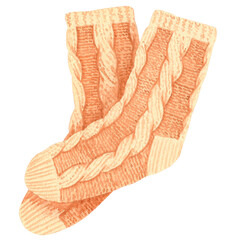 Knitting. Knitted warm wool socks. Watercolor illustration.