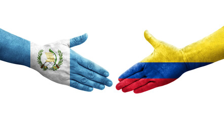 Handshake between Colombia and Guatemala flags painted on hands, isolated transparent image.