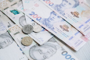 Money of Ukraine. Banknotes of 200 and 500 hryvnia lie together. Monetary system. Currency of Ukraine. Hryvnia.