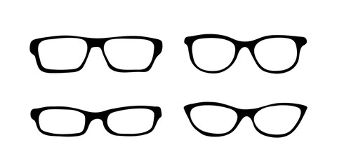 Black doodle fashion eye glasses icon set. Vector cartoon illustration. Frame retro eyeglasses icons. Hand drawn doodle spectacles