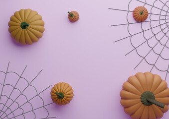 Light, pastel, lavender purple 3D illustration autumn fall Halloween themed product display podium stand background or wallpaper pumpkins and spiderwebs photography horizontal flat lay top view above