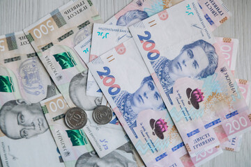 Money of Ukraine. Banknotes of 200 and 500 hryvnia lie together. Monetary system. Currency of Ukraine. Hryvnia.