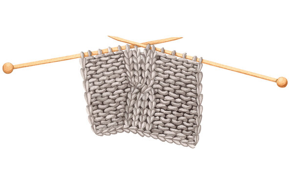 Knitting. Needles and knitted fabric. Watercolor illustration.