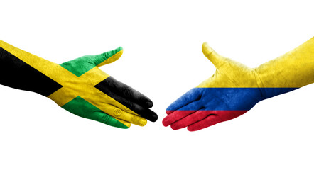 Handshake between Colombia and Jamaica flags painted on hands, isolated transparent image.