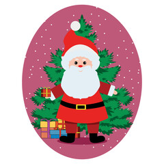 Santa with a Christmas tree sticker. Festive pattern. Design for paper, cover, fabric, interior decor, postcard. Vector flyers, posters, business cards or for the Internet.