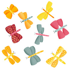 Multicolored dragonfly butterflies on a white background