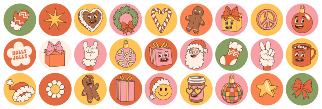 Groovy hippie Christmas stickers. Santa Claus, smile, peace, rainbow, holly jolly, daisy, gingerbread in trendy retro cartoon style. Merry Christmas and Happy New year highlights template, sign, icon.