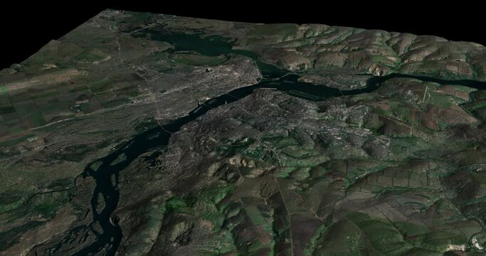 Dnipro map rotate 360 loop ccw with 3d relief 4K satellite ground height