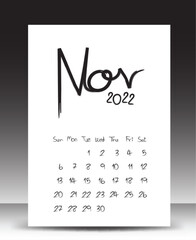 Calendar 2022 year, Lettering calendar, November 2022 template, Desk calendar 2022 template, Week starts Sunday, Stationery design, printing media, publication design, vector