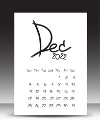 Calendar 2022 year, Lettering calendar, December 2022 template, Desk calendar 2022 template, Week starts Sunday, Stationery design, printing media, publication design, vector