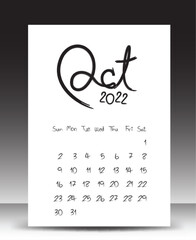 Calendar 2022 year, Lettering calendar, October 2022 template, Desk calendar 2022 template, Week starts Sunday, Stationery design, printing media, publication design, vector