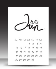 Calendar 2022 year, Lettering calendar, June 2022 template, Desk calendar 2022 template, Week starts Sunday, Stationery design, printing media, publication design, vector
