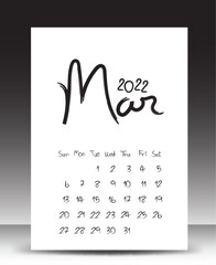 Calendar 2022 year, Lettering calendar, March 2022 template, Desk calendar 2022 template, Week starts Sunday, Stationery design, printing media, publication design, vector