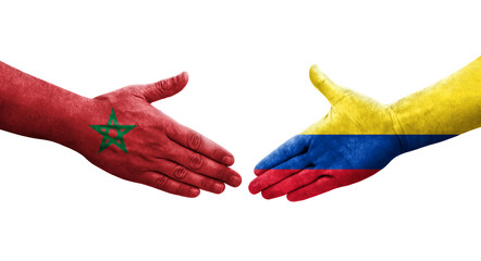 Handshake between Colombia and Morocco flags painted on hands, isolated transparent image.