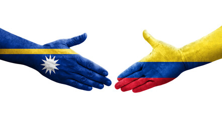 Handshake between Colombia and Nauru flags painted on hands, isolated transparent image.