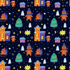 Festive Christmas pattern with gingerbread man and stars. Background, Wrapping holiday paper print. Texture for Christmas and New Year textile, print with cute design elements 