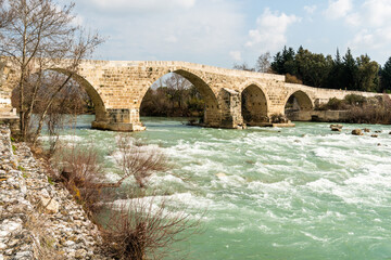 The Koprupazar Bridge over the river Koprucay near Aspendos ancient site in Antalya province of Turkey.