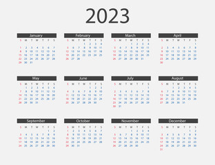 2023 year, calendar. Vector illustration. Weeks start on Sunday.