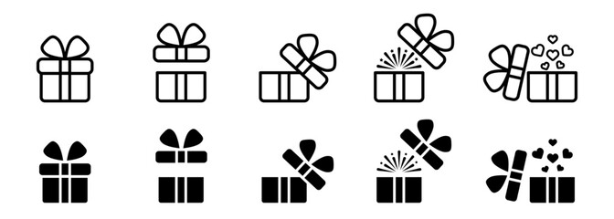 Gift box icon. Present symbol. Christmas box. Surprise with gift box in flat style. Set with gift in linear style. Vector illustration eps 10