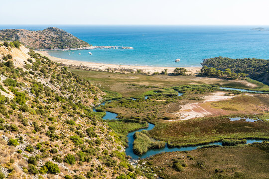 View over Cayagzi area and beach in Demre region of Antalya province of Turkey