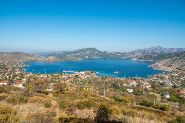 View over Selimiye village near Marmaris resort town on the Bozburun Peninsula in Mugla province of Turkey
