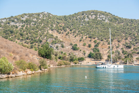 Coastline of Dockyard Island (Tersane Adasi) off Fethiye coast in Mugla province of Turkey.