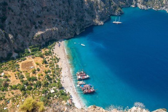 View over the beach in Butterfly Valley in the Fethiye district of Mugla province of Turkey.