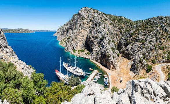 View of Germe Limani harbour of Bozburun village near Marmaris resort town in Mugla province of Turkey.
