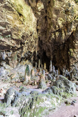 Stalagmites of Nimara Cave on Cennet Adasi island near Marmaris resort town in Turkey.