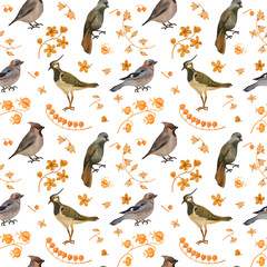 Digital pattern with birds and flowers. Transparent layer. 