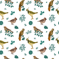 Digital pattern with birds and leaves. Transparent layer. 