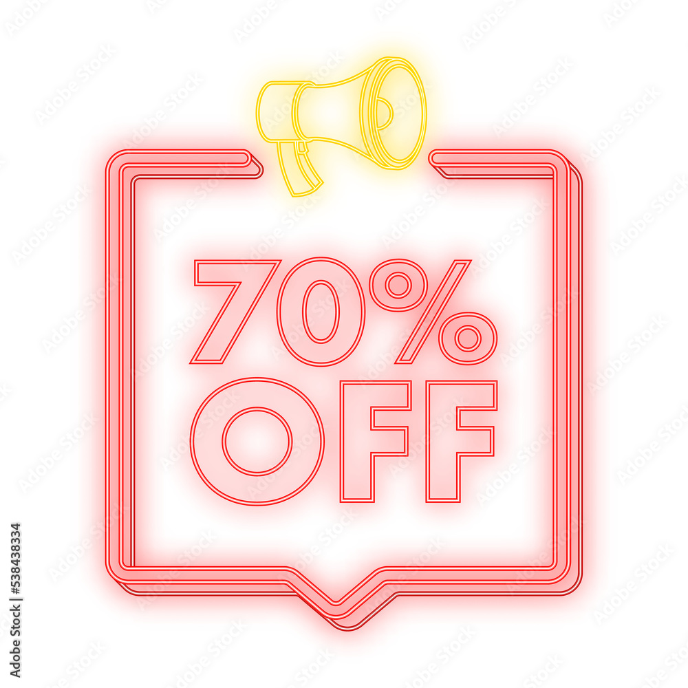 Sticker 70 percent OFF Sale Discount neon banner with megaphone. Discount offer price tag. 70 percent discount promotion flat icon with long shadow. Vector illustration