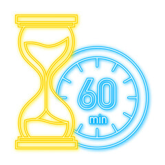 The 60 minutes, stopwatch vector neon icon. Stopwatch icon in flat style, timer on on color background. Vector illustration.