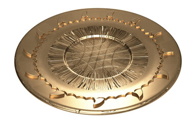 Isolated Top View of Copper Plate or Vintage Golden Dish, Old Crockery on White Background, Realistic Shot of 3D Illustration.
