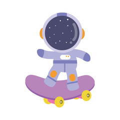illustration vector graphic astronaut kid playing skate board. Cute happy cartoon children character in spacesuit with special helmet.