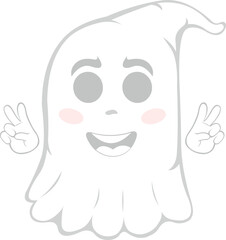 Vector illustration of a cartoon ghost with a cheerful expression, making the classic gesture with her hands of love and peace or v victory