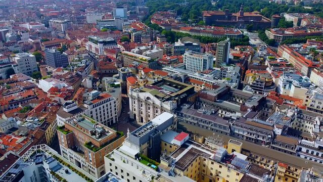Aerial view of the Borsa Piazza Affari. Krishi houses in the city. Attractions for tourists. A crisis. Statue of the middle finger on the hand. Finance. Architecture. Italy, Milan