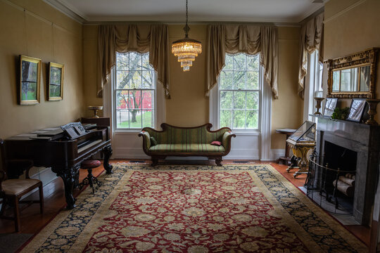 Newtonville, New York, United States of America – April 26, 2017. Interior view of the Pruyn House, a historic mansion located Newtonville in Albany County, New York. 