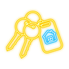 For rent house, concept. Real estate agent holds the key from the home. Neon style. Vector illustration