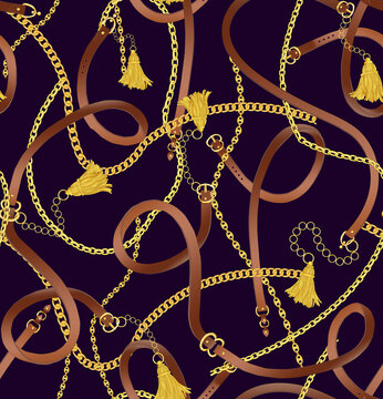 Seamless Baroque vector pattern with belts, chain and braid. Vector patch for print, fabric, scarf design. Endless ornament for wrapping paper, wallpaper, fashion, textile, fabric