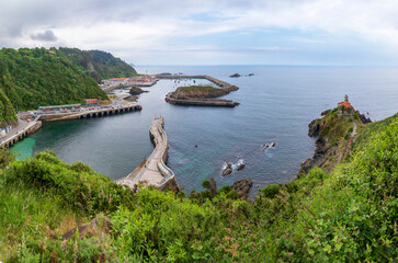 Panoramic view of the port and lighthouse of Cudillero in Asturias, one of the most beautiful in the Asturian principality.