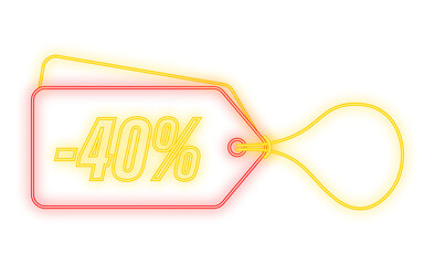 40 percent OFF Sale Discount neon tag. Discount offer price tag. 40 percent discount promotion flat icon with long shadow. Vector illustration