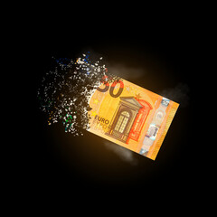 50 euro bills scattered in the air. money inflation concept. the disappearance of banknotes,...