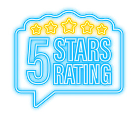 5 star rating. Badge with icons on white background. Neon icon. Vector illustration