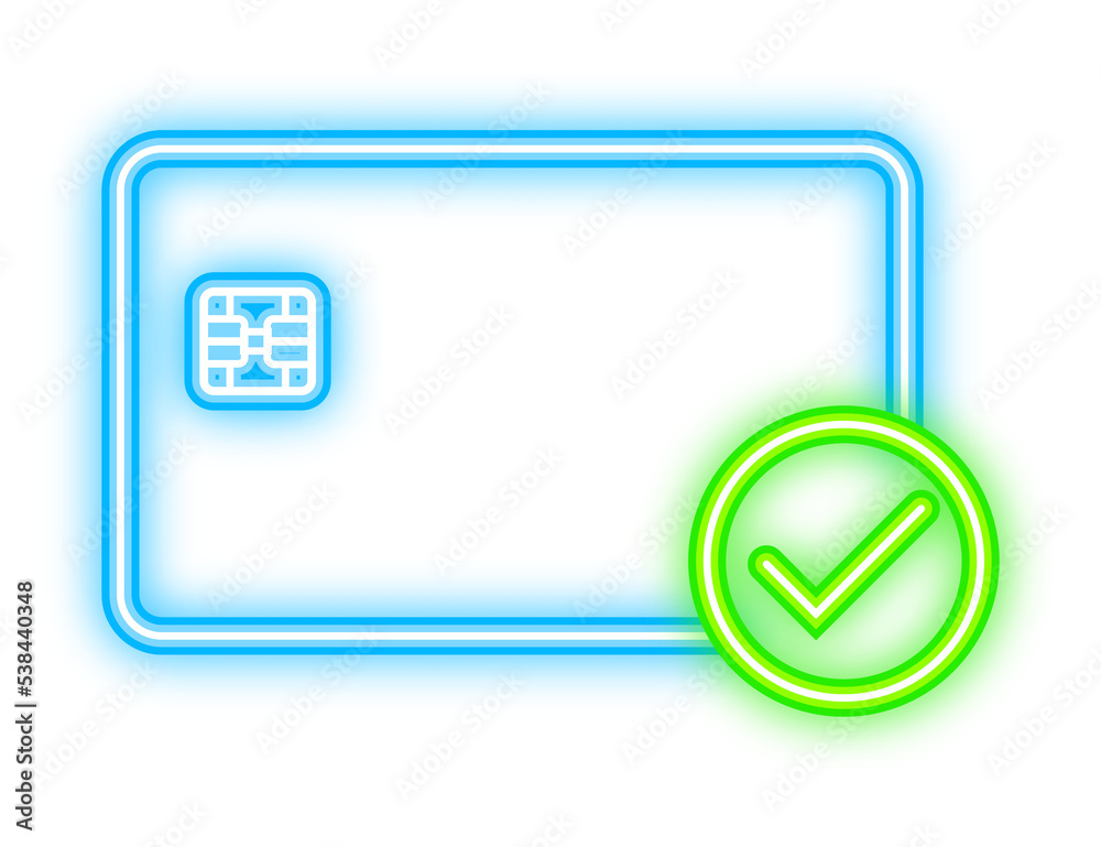 Wall mural Credit cards with approved. Finance security transfer check. Transaction symbol. Neon icon. Vector illustration