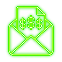Invoice icon , email message received with bill document, flat style open envelope with invoice paper blank. Neon icon. Vector illustration