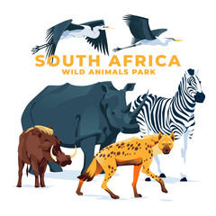 Wild African animals set on a white background:  zebra, ostrich, hippopotamus, hyena, warthog, heron