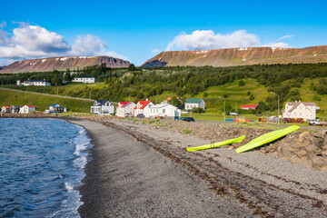 the coastline of village of Hjalteyri in Iceland